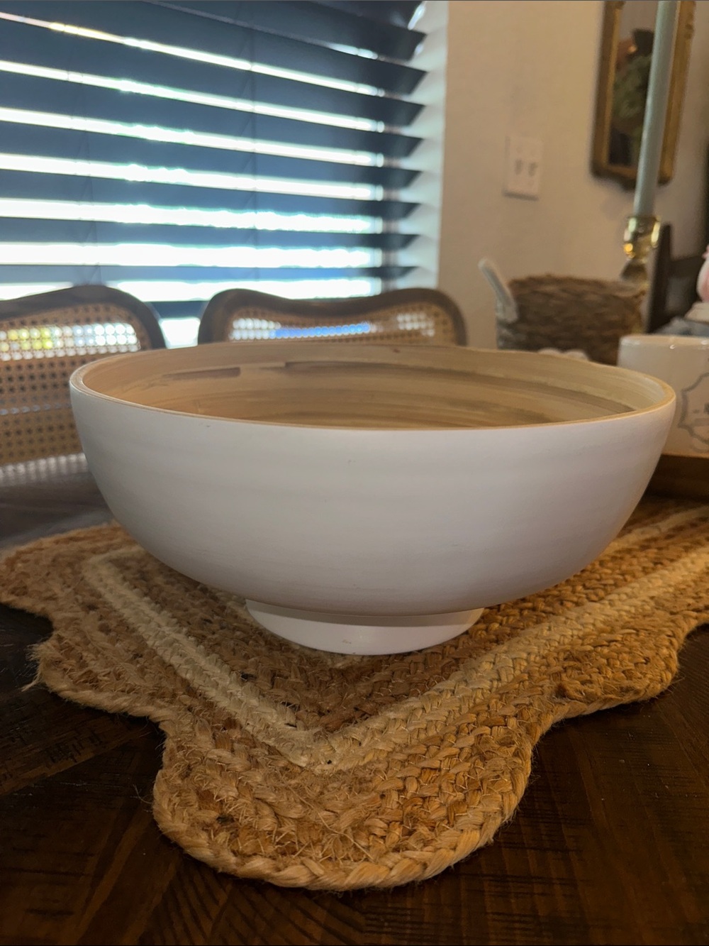 Large White Serving Bowl with Wood-Tone Interior